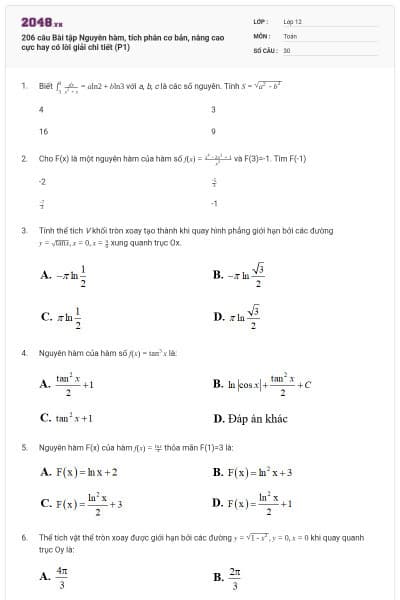 206 câu Bài tập Nguyên hàm, tích phân cơ bản, nâng cao cực hay có lời giải chi tiết (P1)