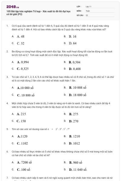 105 Bài tập trắc nghiệm Tổ hợp - Xác suất từ đề thi đại học có lời giải (P3)