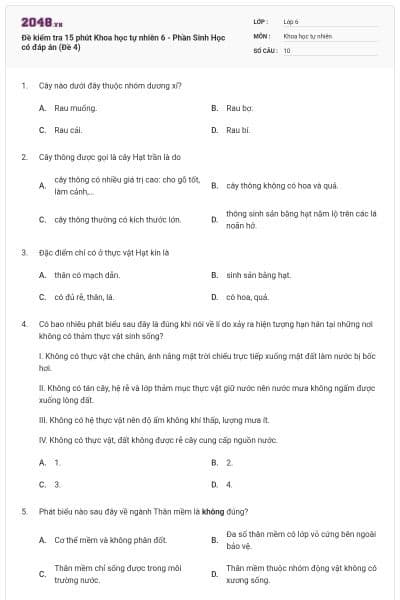 Đề kiểm tra 15 phút Khoa học tự nhiên 6 - Phần Sinh Học có đáp án (Đề 4)