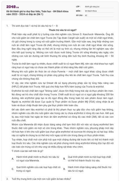 Đề thi Đánh giá tư duy Đọc hiểu, Toán học - ĐH Bách khoa năm 2023 - 2024 có đáp án (Đề 1)