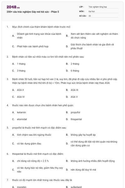 200+ câu trắc nghiệm Gây mê hôi sức - Phần 5