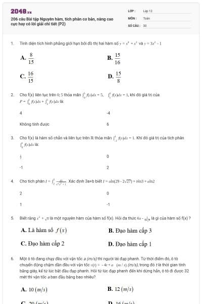 206 câu Bài tập Nguyên hàm, tích phân cơ bản, nâng cao cực hay có lời giải chi tiết (P2)