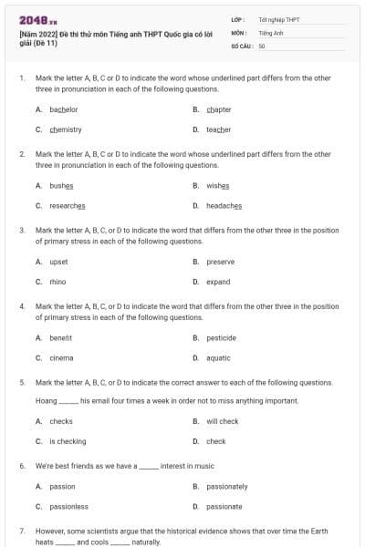 [Năm 2022] Đề thi thử môn Tiếng anh THPT Quốc gia có lời giải (Đề 11)