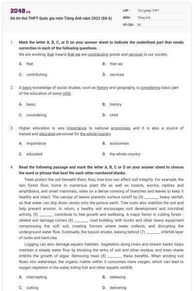 Đề thi thử THPT Quốc gia môn Tiếng Anh năm 2022 (Đề 6)
