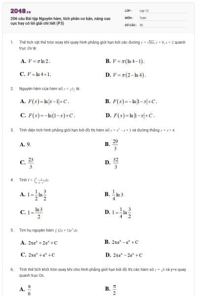206 câu Bài tập Nguyên hàm, tích phân cơ bản, nâng cao cực hay có lời giải chi tiết (P3)