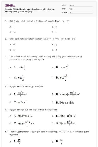 206 câu Bài tập Nguyên hàm, tích phân cơ bản, nâng cao cực hay có lời giải chi tiết (P1)