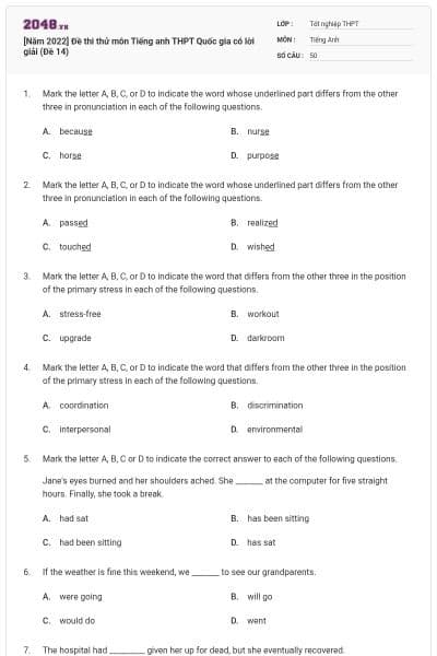 [Năm 2022] Đề thi thử môn Tiếng anh THPT Quốc gia có lời giải (Đề 14)