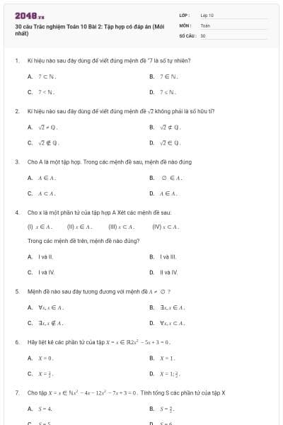 30 câu Trắc nghiệm Toán 10 Bài 2: Tập hợp có đáp án (Mới nhất)