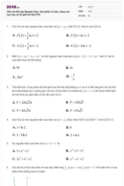 206 câu Bài tập Nguyên hàm, tích phân cơ bản, nâng cao cực hay có lời giải chi tiết (P4)