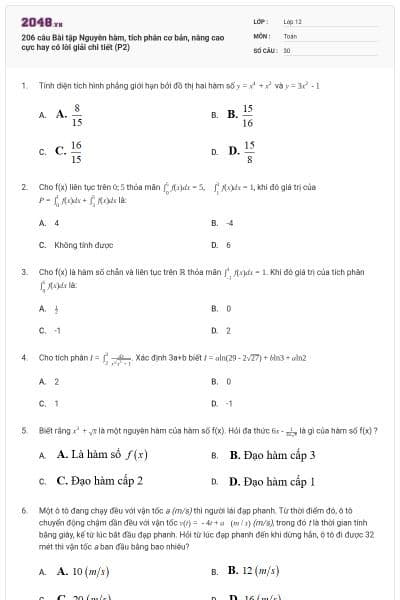 206 câu Bài tập Nguyên hàm, tích phân cơ bản, nâng cao cực hay có lời giải chi tiết (P2)