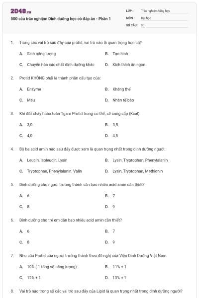 500 câu trắc nghiệm Dinh dưỡng học có đáp án - Phần 1