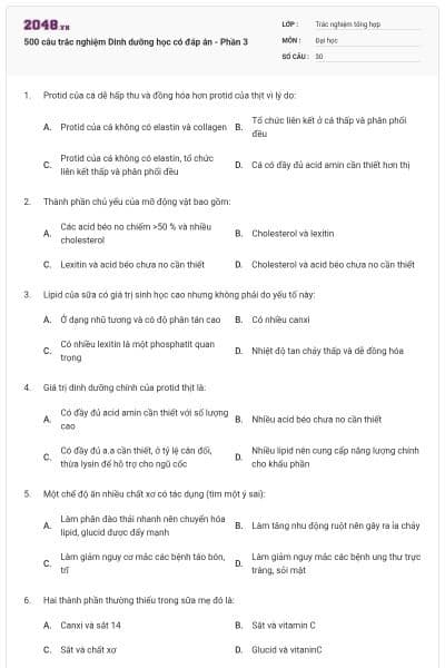 500 câu trắc nghiệm Dinh dưỡng học có đáp án - Phần 3