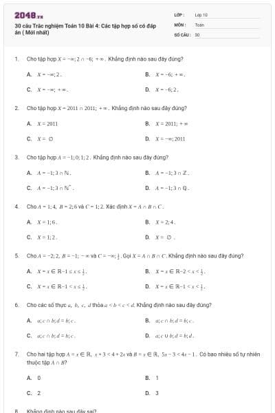 30 câu Trắc nghiệm Toán 10 Bài 4: Các tập hợp số có đáp án ( Mới nhất)