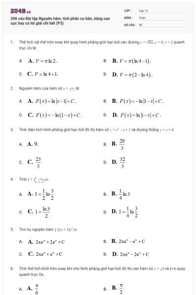 206 câu Bài tập Nguyên hàm, tích phân cơ bản, nâng cao cực hay có lời giải chi tiết (P3)