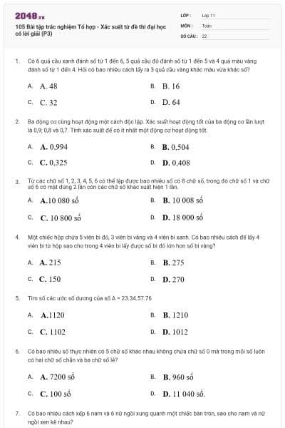 105 Bài tập trắc nghiệm Tổ hợp - Xác suất từ đề thi đại học có lời giải (P3)