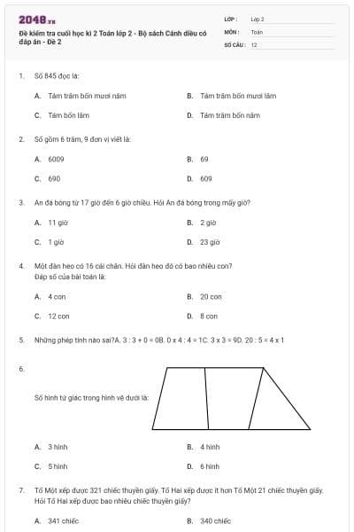 Đề kiểm tra cuối học kì 2 Toán lớp 2 - Bộ sách Cánh diều có đáp án - Đề 2