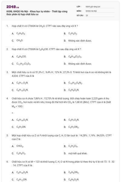 ĐGNL ĐHQG Hà Nội - Khoa học tự nhiên - Thiết lập công thức phân tử hợp chất hữu cơ