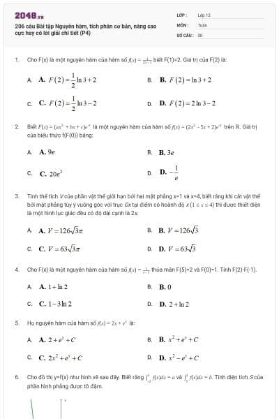 206 câu Bài tập Nguyên hàm, tích phân cơ bản, nâng cao cực hay có lời giải chi tiết (P4)