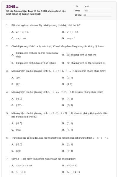 30 câu  Trắc nghiệm Toán 10 Bài 3: Bất phương trình bậc nhất hai ẩn có đáp án (Mới nhất)