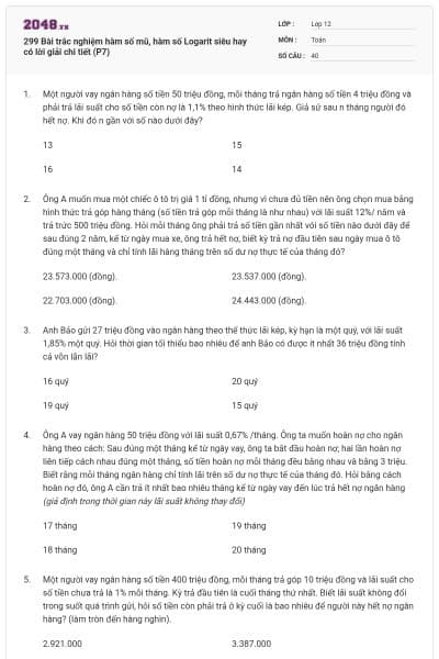 299 Bài trắc nghiệm hàm số mũ, hàm số Logarit siêu hay có lời giải chi tiết (P7)