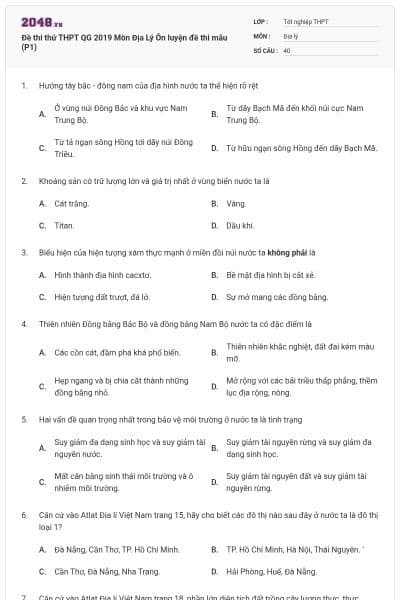 Đề thi thử THPT QG 2019  Môn Địa Lý  Ôn luyện đề thi mẫu (P1)