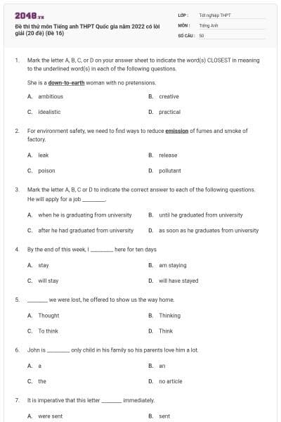Đề thi thử môn Tiếng anh THPT Quốc gia năm 2022 có lời giải (20 đề) (Đề 16)