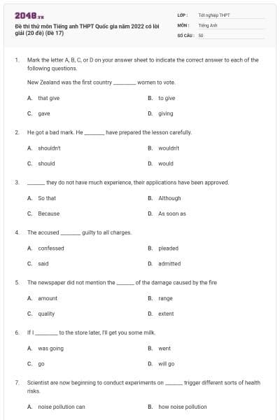 Đề thi thử môn Tiếng anh THPT Quốc gia năm 2022 có lời giải (20 đề) (Đề 17)