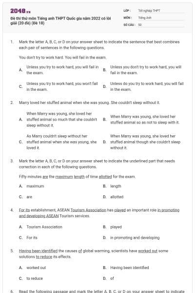 Đề thi thử môn Tiếng anh THPT Quốc gia năm 2022 có lời giải (20 đề) (Đề 18)