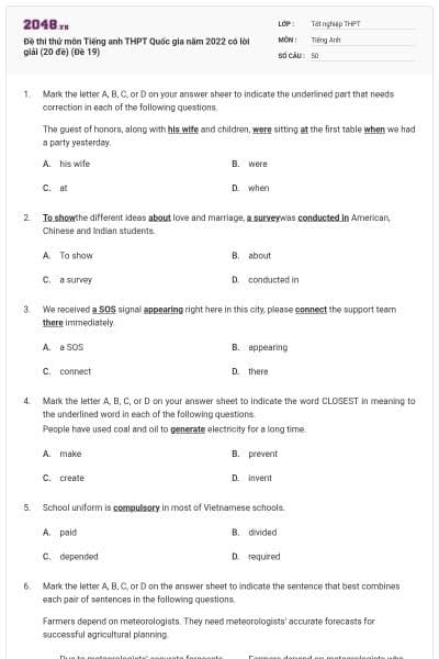 Đề thi thử môn Tiếng anh THPT Quốc gia năm 2022 có lời giải (20 đề) (Đề 19)