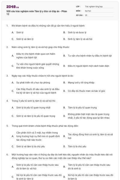 500 câu trắc nghiệm môn Tâm lý y đức có đáp án - Phần 12