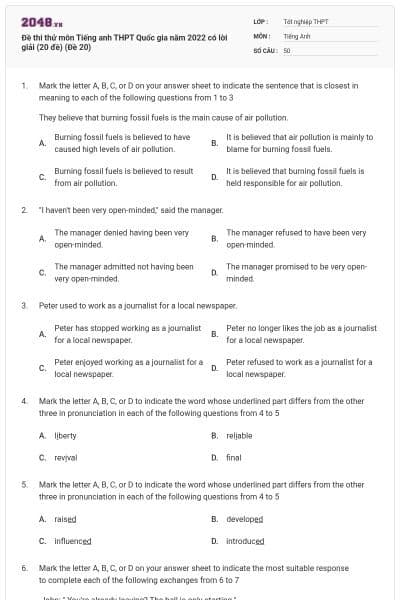 Đề thi thử môn Tiếng anh THPT Quốc gia năm 2022 có lời giải (20 đề) (Đề 20)
