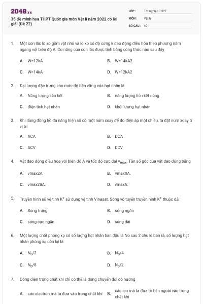 35 đề minh họa THPT Quốc gia môn Vật lí năm 2022 có lời giải (Đề 22)