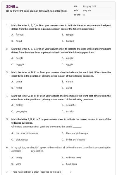 Đề thi thử THPT Quốc gia môn Tiếng Anh năm 2022 (Đề 8)