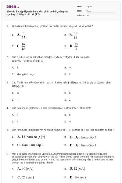 206 câu Bài tập Nguyên hàm, tích phân cơ bản, nâng cao cực hay có lời giải chi tiết (P2)