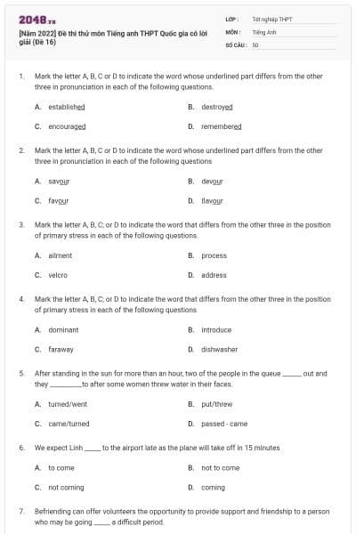 [Năm 2022] Đề thi thử môn Tiếng anh THPT Quốc gia có lời giải (Đề 16)