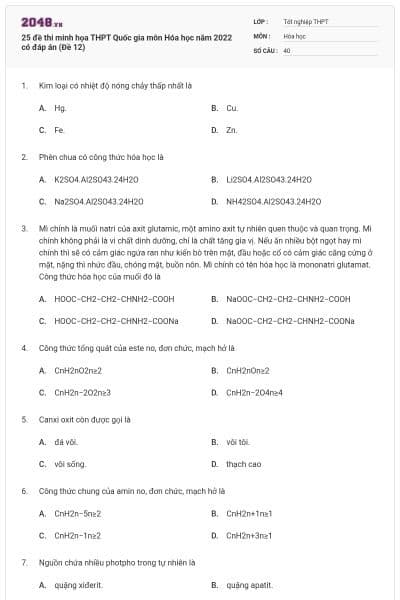 25 đề thi minh họa THPT Quốc gia môn Hóa học năm 2022 có đáp án (Đề 12)