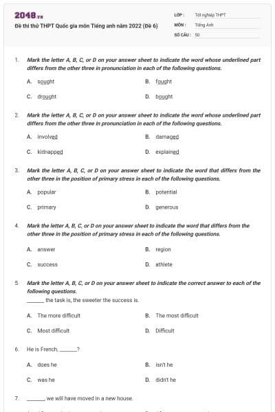 Đề thi thử THPT Quốc gia môn Tiếng anh năm 2022 (Đề 6)