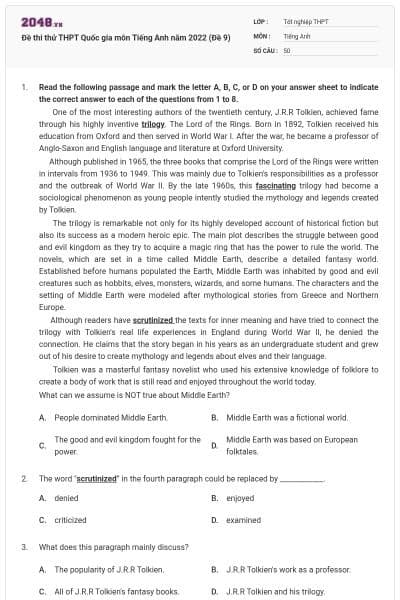 Đề thi thử THPT Quốc gia môn Tiếng Anh năm 2022 (Đề 9)