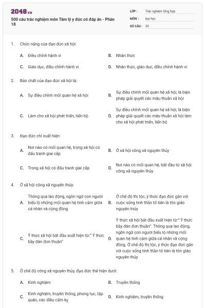 500 câu trắc nghiệm môn Tâm lý y đức có đáp án - Phần 18