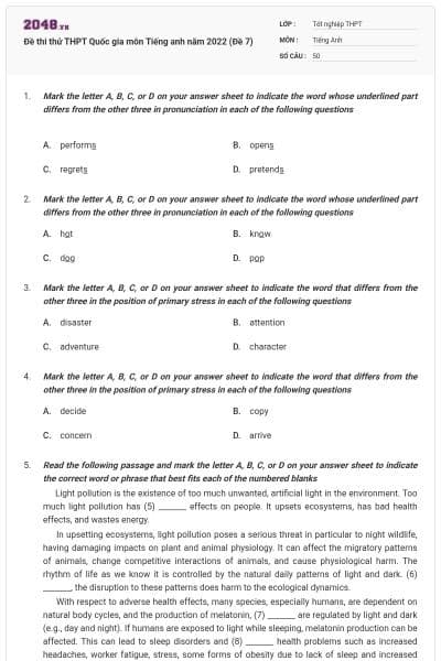Đề thi thử THPT Quốc gia môn Tiếng anh năm 2022 (Đề 7)