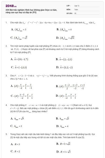 204 Bài trắc nghiệm Hình học không gian Oxyz cơ bản, nâng cao cực hay có đáp án (P3)