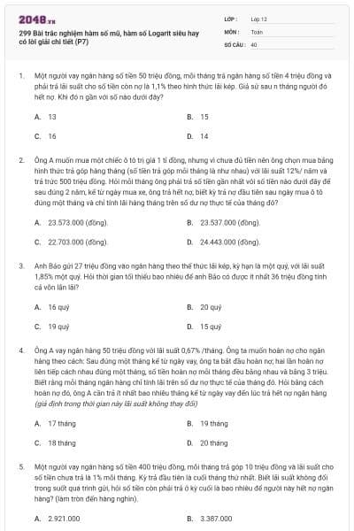 299 Bài trắc nghiệm hàm số mũ, hàm số Logarit siêu hay có lời giải chi tiết (P7)