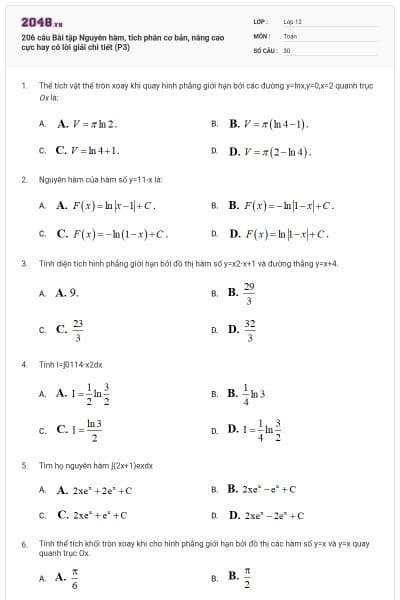 206 câu Bài tập Nguyên hàm, tích phân cơ bản, nâng cao cực hay có lời giải chi tiết (P3)