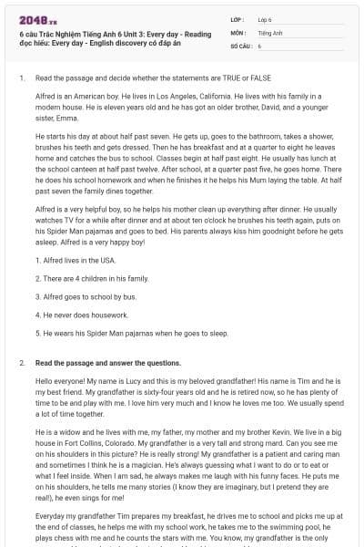 6 câu Trắc Nghiệm Tiếng Anh 6 Unit 3: Every day - Reading đọc hiểu: Every day - English discovery có đáp án
