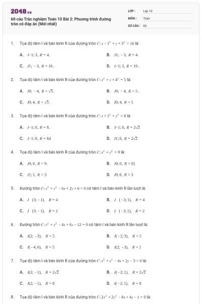 60 câu Trắc nghiệm Toán 10 Bài 2: Phương trình đường tròn có đáp án (Mới nhất)