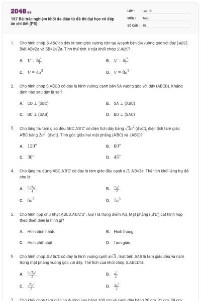 187 Bài trắc nghiệm khối đa diện từ đề thi đại học có đáp án chi tiết (P5)