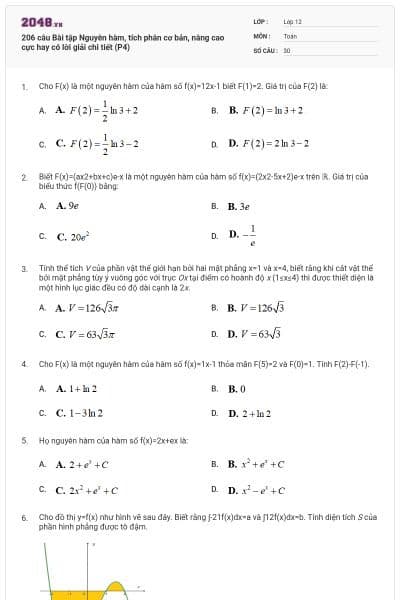 206 câu Bài tập Nguyên hàm, tích phân cơ bản, nâng cao cực hay có lời giải chi tiết (P4)