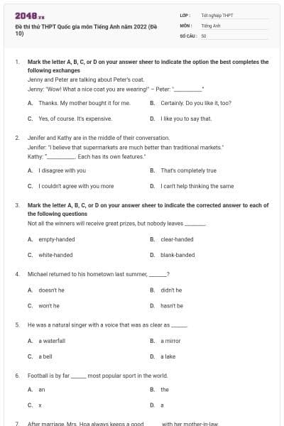 Đề thi thử THPT Quốc gia môn Tiếng Anh năm 2022 (Đề 10)