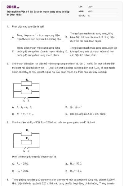 Trắc nghiệm Vật lí 9 Bài 5: Đoạn mạch song song có đáp án (Mới nhất)