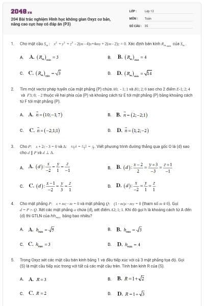 204 Bài trắc nghiệm Hình học không gian Oxyz cơ bản, nâng cao cực hay có đáp án (P3)